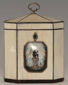 Circa-1820s anti-slavery tortoiseshell and horn octagonal tea caddy with inlaid bone panels and an ornate silver top hinge with a wax figure of a kneeling enslaved figure in chains. Estimate: $4,000-$6,000