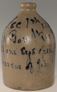 Circa 1859-1860 stoneware jug with the inscription, ‘Dec. 1st 12 O'clock P.M. Gov. Wise Sleeps With One Eye Open Expecting The Rescue Of John Brown,’ 11½ inches tall. Estimate: $10,000-$20,000