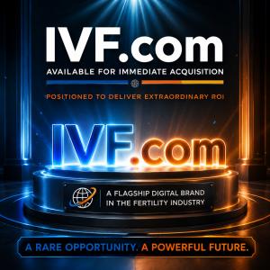 IVF.com promotional graphic featuring blue and orange lighting, “Available for Immediate Acquisition,” “Positioned to Deliver Extraordinary ROI,” and “A flagship digital brand in the fertility industry.”