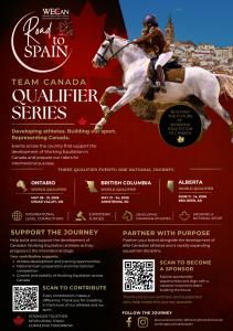 Poster for dates and events, with horse and rider running, skyline of Spain in the background
