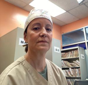 Photo of actor Pilar Uribe on the set as a nurse in HBO Max series EUPHORIA