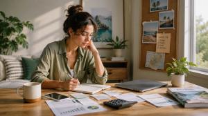 A woman sits at a sunlit table reviewing travel plans, budget notes, and financial documents for an upcoming summer trip.