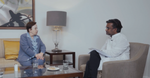 Nobel Peace Prize Laureate Shirin Ebadi sits across from host Shekhar Natarajan during a long-form interview on Tomorrow, Today.