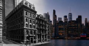 Editorial composite showing archival 48 Wall Street imagery alongside the modern New York skyline for The Carnegie Journal’s New York Partnership Desk announcement.