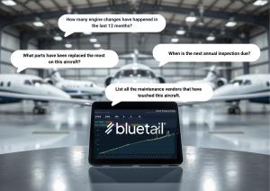 An airplane hangar with an iPad showing Bluetail's latest update.