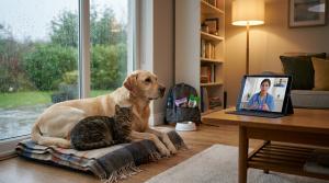 A calm Labrador dog and tabby cat resting safely indoors during a rainstorm, with a veterinarian visible on a tablet showing a telehealth video call