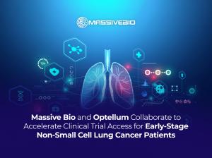 Massive Bio and Optellum collaboration announcement graphic featuring a glowing digital lung illustration with AI and medical data icons, and the text: "Massive Bio and Optellum Collaborate to Accelerate Clinical Trial Access for Early-Stage Non-Small Cel