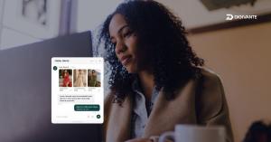 Woman looking at her computer with an overlay of an AI shopping experience she might view. Digivante's logo is in the corner.
