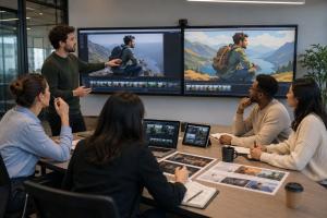 Business team reviewing AI animation workflow