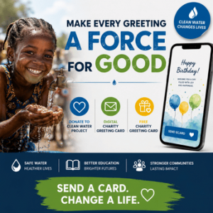 Smiling young girl enjoying clean water from a tap beside a smartphone displaying a digital birthday eCard, promoting charity greeting cards that help fund clean water projects and support healthier communities.