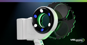 Close-up of the VELscope Mantis front optics, showing the blue and white LED ring and the multi-mode filter wheel