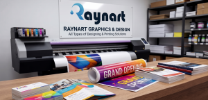 Interior view of RAYNART GRAPHICS & DESIGN office in Ahmedabad with company branding and workspace for printing and design services