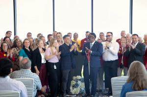 Guests gather during the grand opening celebration inside Lock 11 Rooftop Restaurant + Bar.