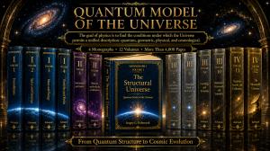 Twelve-volume hardcover book series of the Quantum Model of the Universe by Sergey G. Kolesnyak, arranged as four monographs with a central volume titled The Structural Universe and a cosmic scientific background.