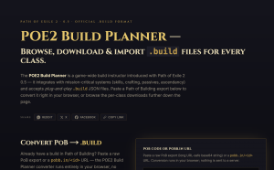 Screenshot of the POE2 Build Planner webpage, featuring a large headline about browsing, downloading, and importing .build files for Path of Exile 2 character builds, with a section for converting Path of Building (PoB) codes.