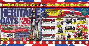 Poster for the 44th Annual Macomb Heritage Days Food and Music Festival, June 25–28, 2026, in Macomb, Illinois. The festival celebrates McDonough County's Bicentennial and America's 250th anniversary with live music, carnival rides, food trucks, a beer te
