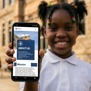 A student showcases Impact Charter School West's newly redesigned mobile website, created to help prospective families learn about the school's mission, programs, and enrollment opportunities.