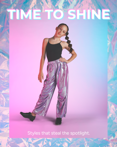 Stelle's Time to Shine campaign that features sparkly ballet wear, shimmering gymnastics unitards, metallic pants, and glitter ballet and tap shoes designed for young dancers
