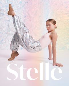 Stelle's Time to Shine campaign that features sparkly ballet wear, shimmering gymnastics unitards, metallic pants, and glitter ballet and tap shoes designed for young dancers