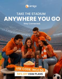 Football fans using Simigo travel eSIM plans with World Cup promotional offer and global mobile connectivity.