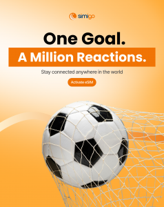 Football entering the goal net representing global connectivity and travel eSIM services by Simigo.