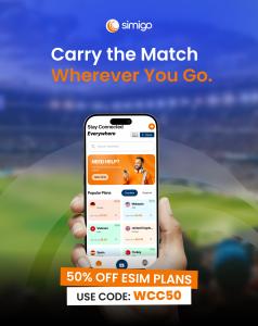 Mobile phone displaying Simigo travel eSIM plans with World Cup promotional offer and instant global connectivity