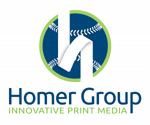 The Homer Group logo featuring a baseball integrated into the company's brand mark, created as a special-edition logo celebrating the MLB All-Star Game in Philadelphia and America250 tourism initiatives.