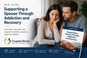 Couple reviewing addiction recovery resources while learning about treatment options and family support through the Couples Rehab educational guide.
