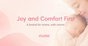 A soft blush Nuliie brand philosophy image with the text “Joy and Comfort First” and “A brand for moms, with moms,” alongside a subtle mother-and-baby background and Nuliie logo.