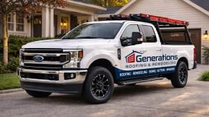 White work truck with Generations Roofing & Remodeling branding, ladder rack, and red ladders parked in front of a residential home.