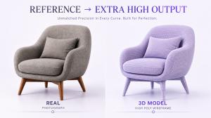 Neural4D Extra High Mesh Quality banner featuring a detailed leather armchair generated with Text to 3D and Image to 3D.