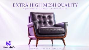 Side by side comparison of a reference armchair photo and a Neural4D Extra High high-poly 3D wireframe model.