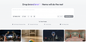 Video creation interface with a large prompt box, media upload options, and example video thumbnails displayed below.