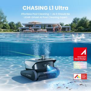 CHASING L1 Ultra LiDAR AI robotic pool cleaner underwater, winner of French Design Awards Gold and American Good Design Platinum Award 2026