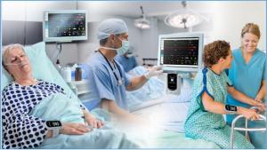 A three-part composite image illustrating the VitalStream clinical continuum of care. Left: A hospital patient resting in bed wearing a wireless VitalStream wrist monitor. Center: A clinician adjusting a bedside monitor equipped with the VitalStream ART D
