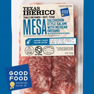 Package of Texas Iberico Mesa Salami featuring the 2026 Good Food Awards Winner seal. The sliced salchichón-style salami is made from 100% purebred Iberico pork raised in the Texas Hill Country and seasoned with Mexican oregano. The packaging highlights t