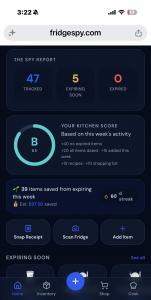 FridgeSpy app dashboard with kitchen score, expiring items, and food savings tracker