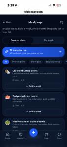 FridgeSpy meal prep screen showing AI surprise me feature, protein bowls, and weekly meal planning