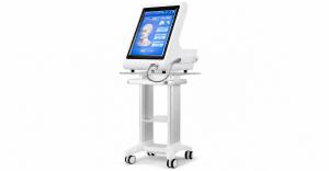 GoldBeauty™ Elite RF Microneedling Machine - Desktop Pro featuring dual-modality RF skin rejuvenation technology and a 15-inch touchscreen interface.
