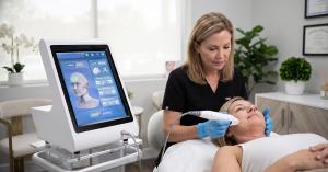 Practitioner performing an RF microneedling skin rejuvenation treatment using the GoldBeauty™ Elite RF Microneedling Machine - Desktop Pro.