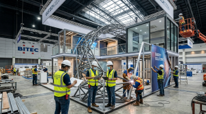 Modern exhibition hall at Gastech 2026 trade show featuring custom-built stands with LED displays, sophisticated lighting, and professional attendees in business setting