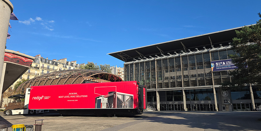 Pulse Trailer exhibition trailers Redge branded unit parked outside SIFA exhibition venue in Paris | The Clear Idea