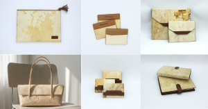 Prototype accessories crafted from HolonFabric™ by Holon Bionics: a clutch, card wallets, meeting binders, a tote bag, business card holders, and agenda books — all from OEKO-TEX® certified, PU-free mycelium material.