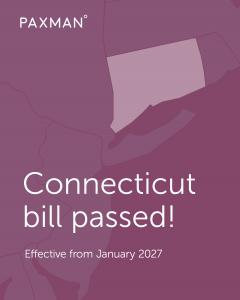 Paxman Scalp Cooling graphic indicating state map of Connecticut that has passed a bill to  mandate insurance coverage of mechanical scalp cooling effective January 1 2027