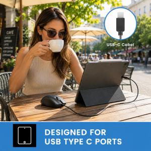 Compact black USB-C wired mouse connected to a tablet on a desk, demonstrating compatibility with modern USB Type-C devices in a home workspace.