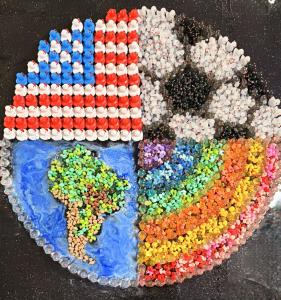 Circular mixed media artwork One World. One Game by Facundo Yebne combining an American flag, glowing soccer ball, rainbow colors, and South America map