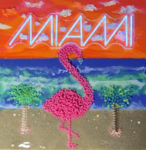 Bright pop art scene with a pink flamingo made of tiny resin ducks on a Miami beach with neon MIAMI text and palm trees
