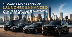 Lavish Fleet of Chicago Limo Car Service with Skyline of Chicago in th Back