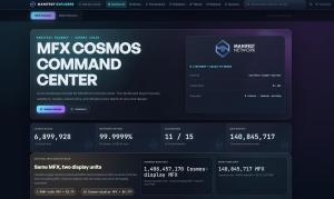 Screenshot of the live Manifest Explorer dashboard showing the MFX Cosmos chain view, including latest block, network uptime, validators, MFX supply, explorer sections and recent block activity