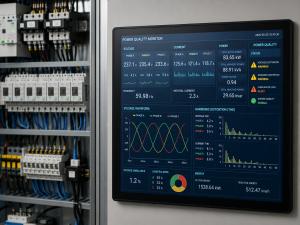 Industrial electrical panel with a power quality monitoring screen showing voltage readings, phase balance data, and energy stability indicators for commercial solar optimisation.
